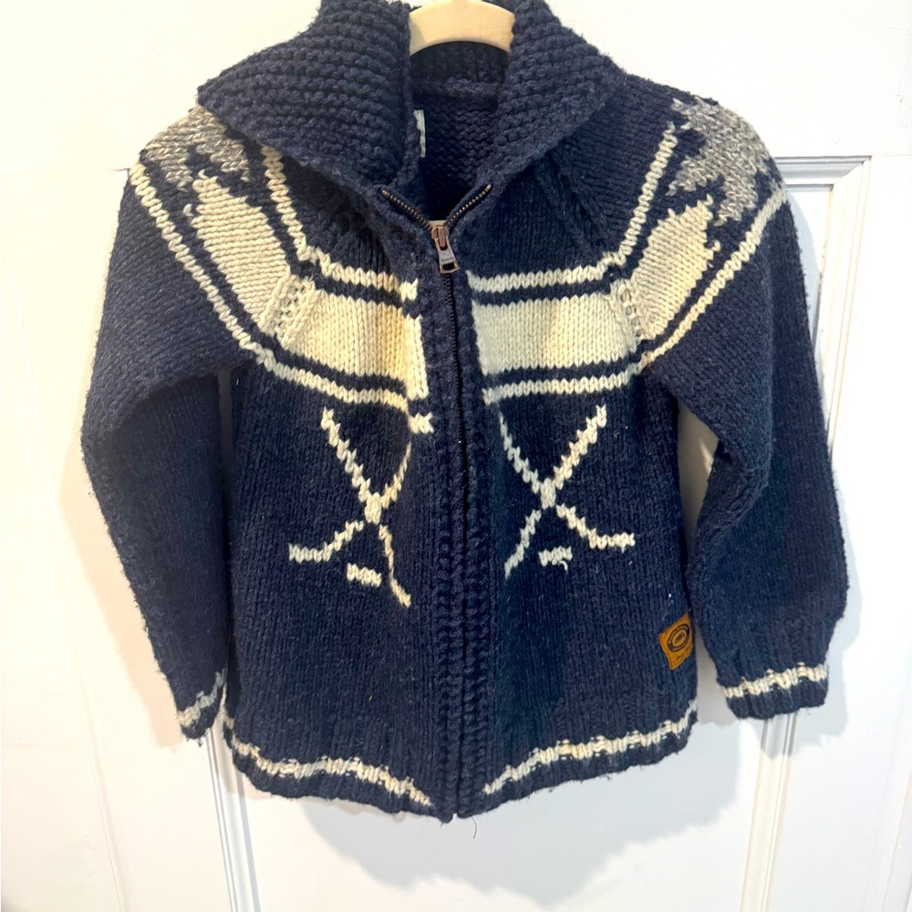 Roots X Mary Maxim kids hockey sweater Navy and Cream Knit with Zip Closure